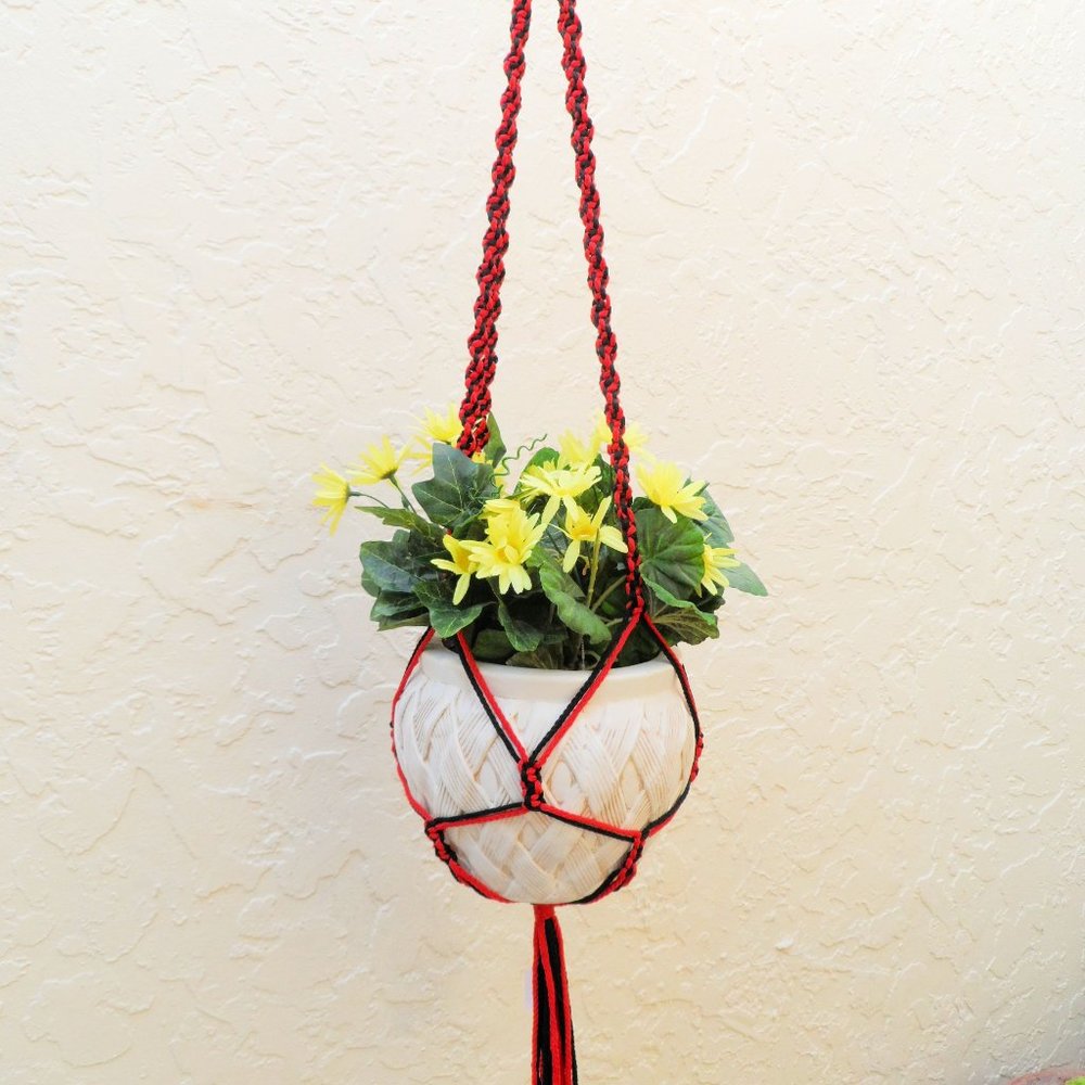 Hand Crafted Plant Hanger Macrame Botanical Red Black UGA Terrarium Neccess